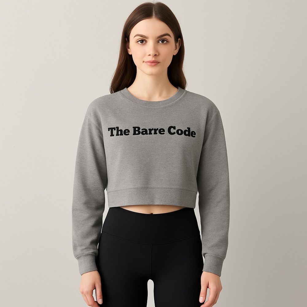 The Barre Code Gray Women's Crop Top Sweatshirt with scrunched sleeves
